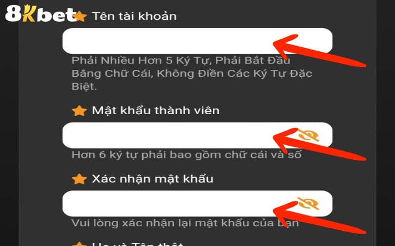 Điền các thông tin đăng ký 8KBET